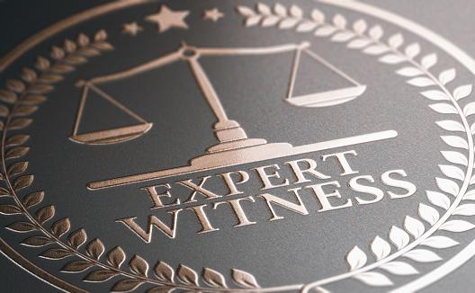 3D illustration of a golden stamp where expert witness is written.